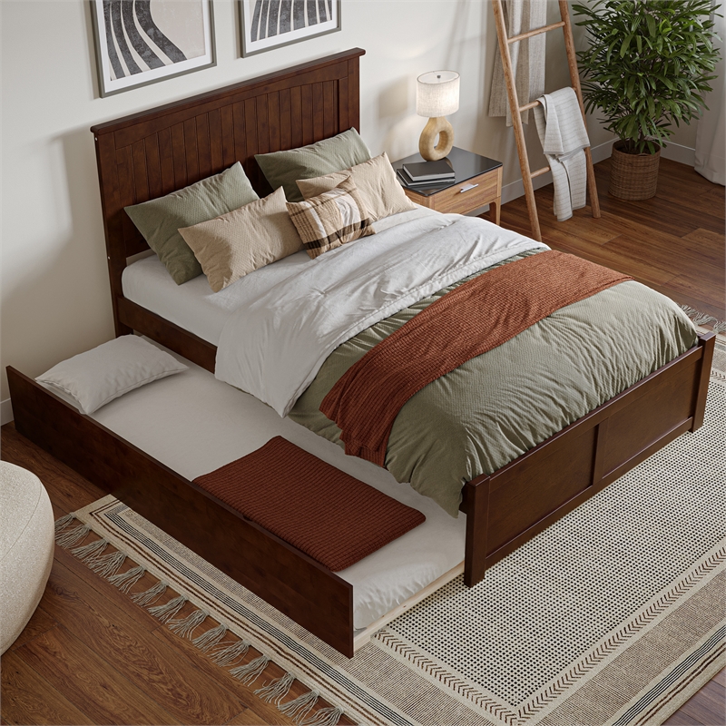 Nantucket Full Wood Platform Bed with Footboard and Twin Trundle in Walnut