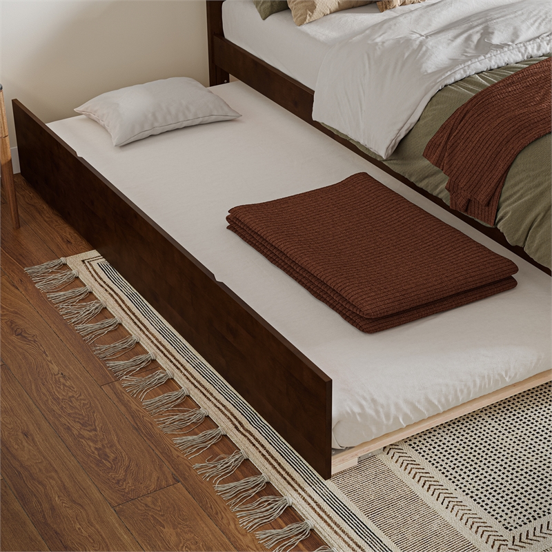 Nantucket Full Wood Platform Bed with Footboard and Twin Trundle in Walnut