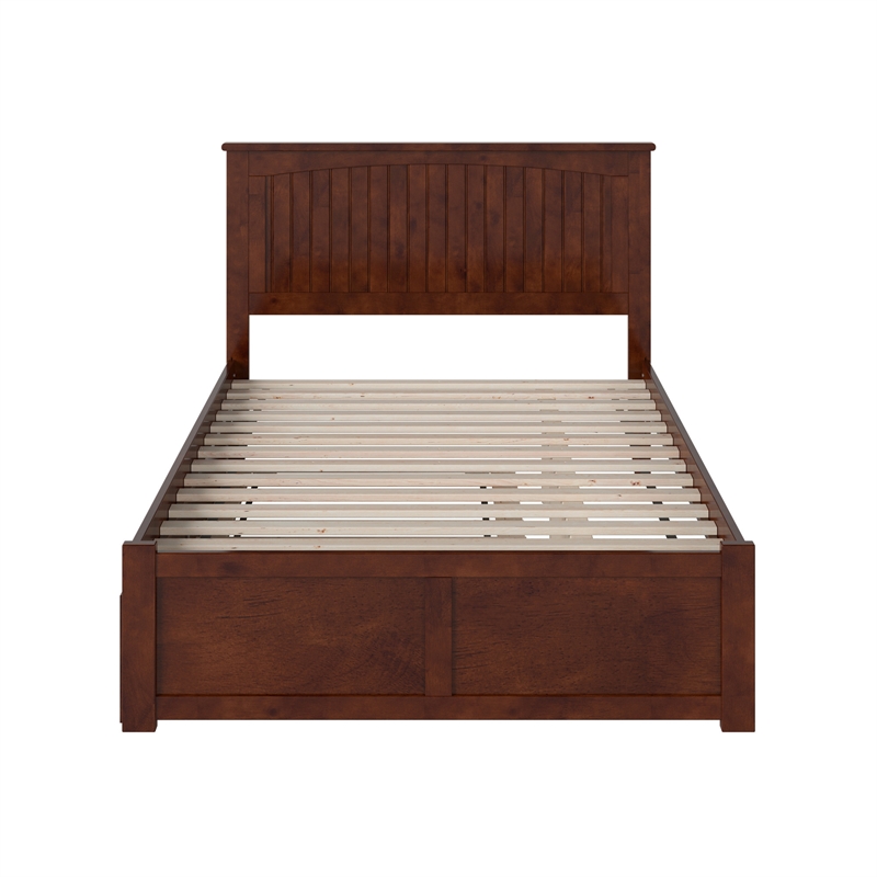 Nantucket Full Wood Platform Bed with Footboard and Twin Trundle in Walnut