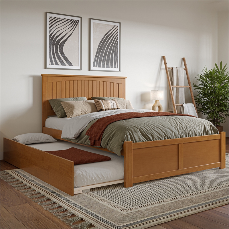 Nantucket Full Wood Platform Bed with Footboard and Full Trundle in Light Toffee