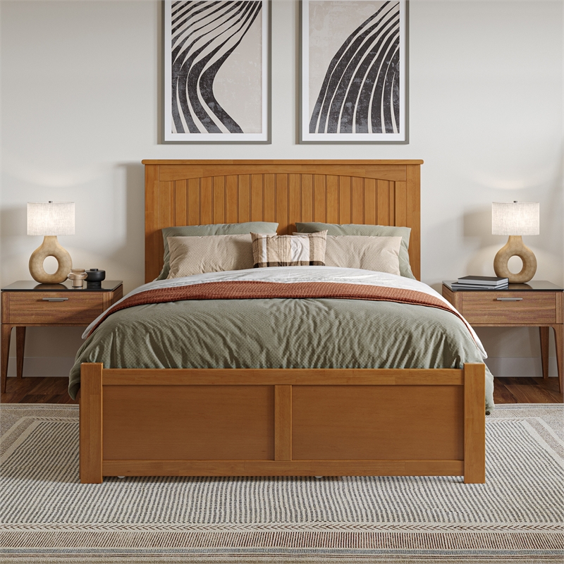 Nantucket Full Wood Platform Bed with Footboard and Full Trundle in Light Toffee