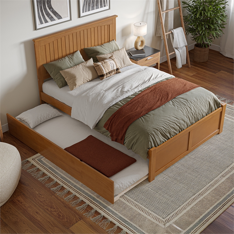 Nantucket Full Wood Platform Bed with Footboard and Full Trundle in Light Toffee