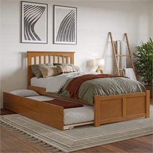 Mission Twin XL Wood Platform Bed with Footboard and TXL Trundle in Light Toffee
