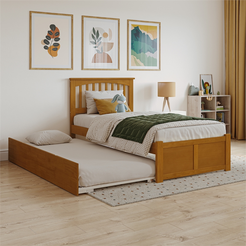 Mission Twin Wood Platform Bed with Footboard and Twin Trundle in Light Toffee