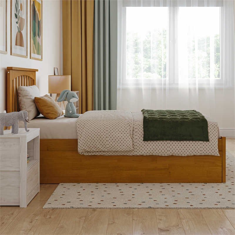 Mission Twin Wood Platform Bed with Footboard and Twin Trundle in Light Toffee