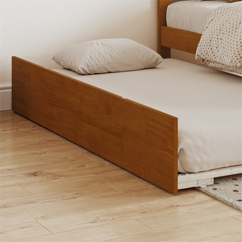 Mission Twin Wood Platform Bed with Footboard and Twin Trundle in Light Toffee