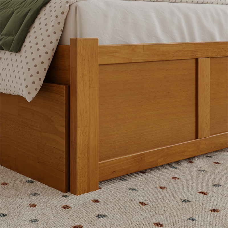 Mission Twin Wood Platform Bed with Footboard and Twin Trundle in Light Toffee