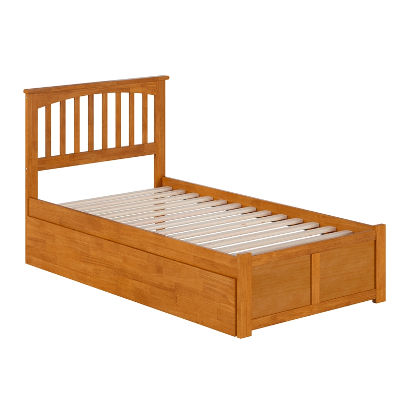 Mission Twin Wood Platform Bed with Footboard and Twin Trundle in Light Toffee