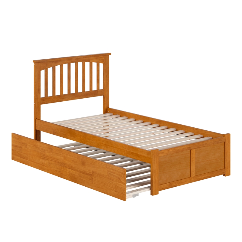 Mission Twin Wood Platform Bed with Footboard and Twin Trundle in Light Toffee