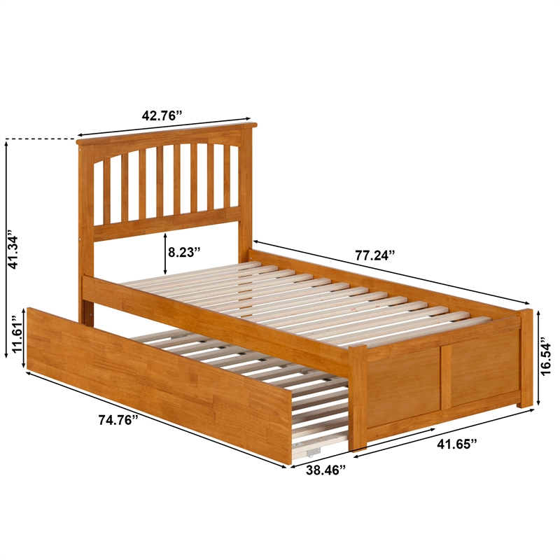 Mission Twin Wood Platform Bed with Footboard and Twin Trundle in Light Toffee