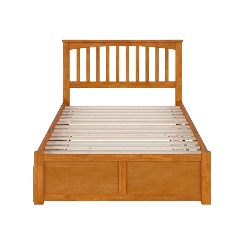 Mission Full Wood Platform Bed with Footboard and Full Trundle in Light Toffee