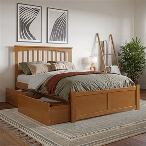Mission Full Wood Platform Bed with Footboard & Storage Drawers in Light Toffee