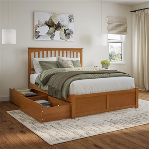 Mission Queen Wood Platform Bed with Footboard and Drawers in Light Toffee