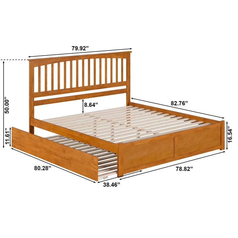 Mission King Wood Platform Bed with Footboard and TXL Trundle in Light Toffee