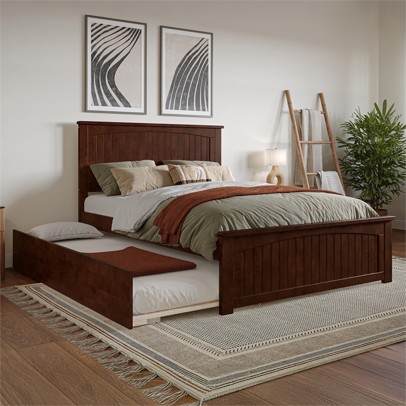 Nantucket Full Platform Bed with Matching Footboard and Twin Trundle in Walnut