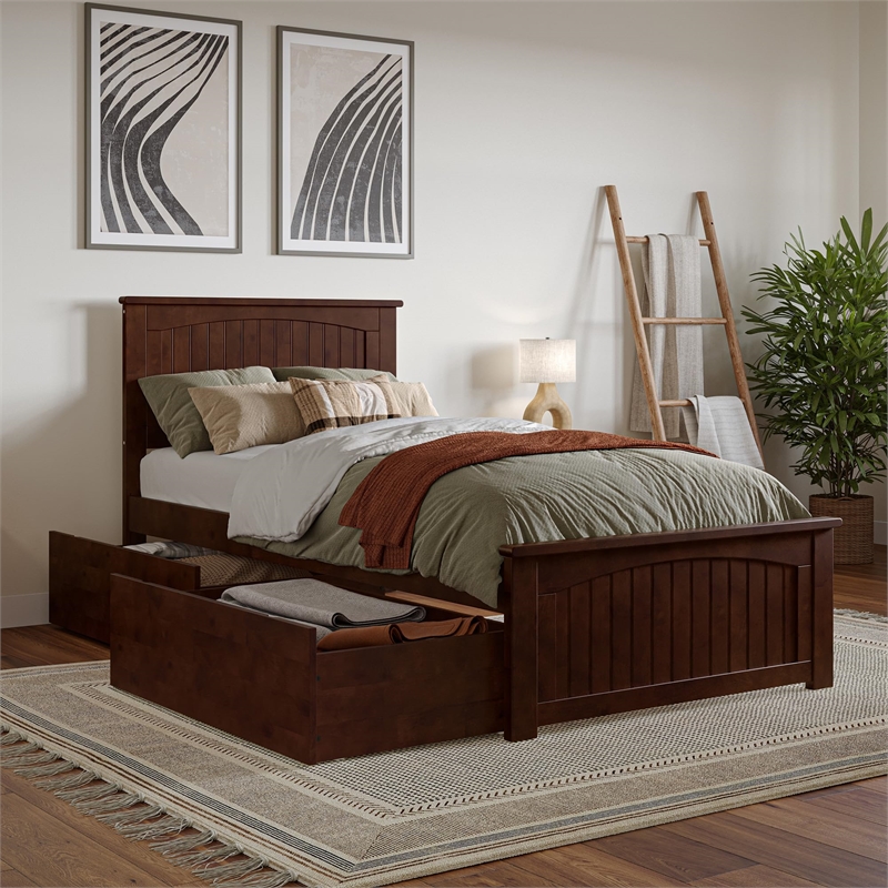 Nantucket Full Wood Platform Bed with Matching Footboard and Drawers in Walnut