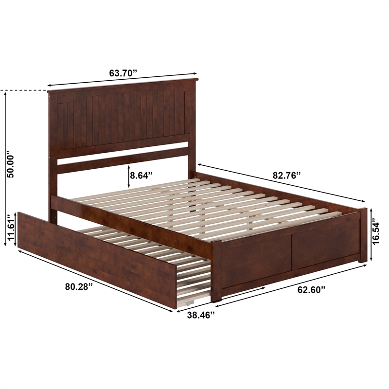 Nantucket Queen Wood Platform Bed with Footboard and Twin XL Trundle in Walnut
