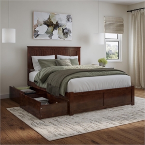 Nantucket Queen Wood Platform Bed with Footboard and Storage Drawers in Walnut