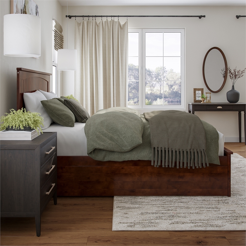 Nantucket Queen Platform Bed with Matching Footboard and TXL Trundle in Walnut