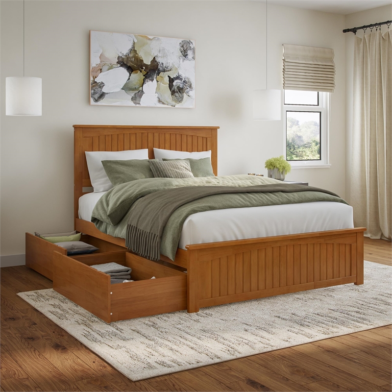 Nantucket Queen Platform Bed with Matching Footboard and Drawers in Light Toffee