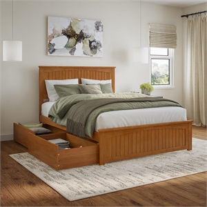 Nantucket Queen Platform Bed with Matching Footboard and Drawers in Light Toffee