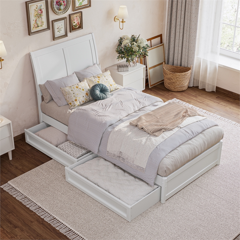 Andorra Twin XL Wood Platform Bed with Panel Footboard & Drawers in White
