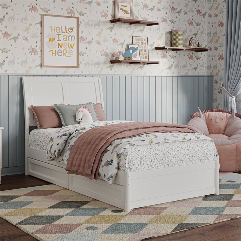 Andorra Twin Wood Platform Bed with Panel Footboard and Storage Drawers in White