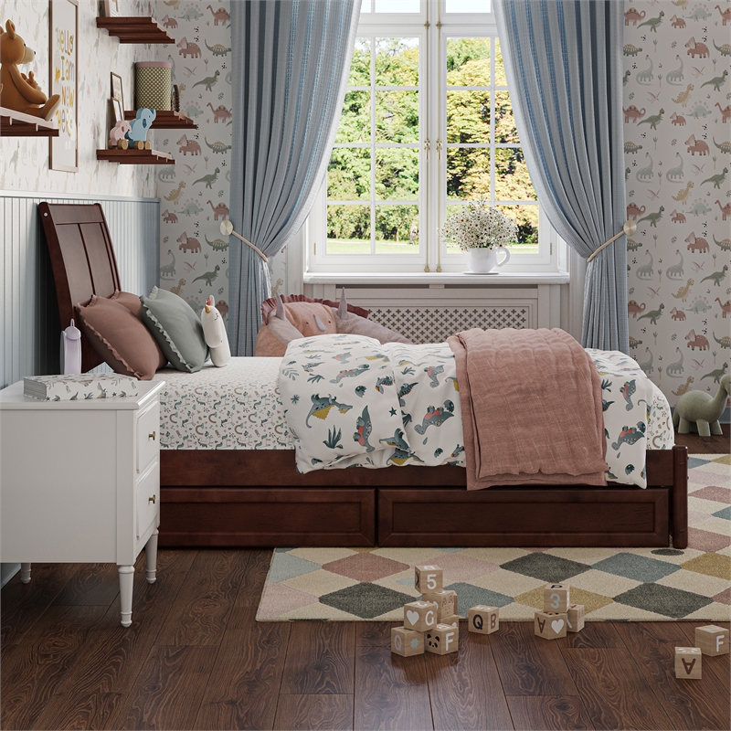 Andorra Twin Wood Platform Bed with Panel Footboard & Storage Drawers in Walnut
