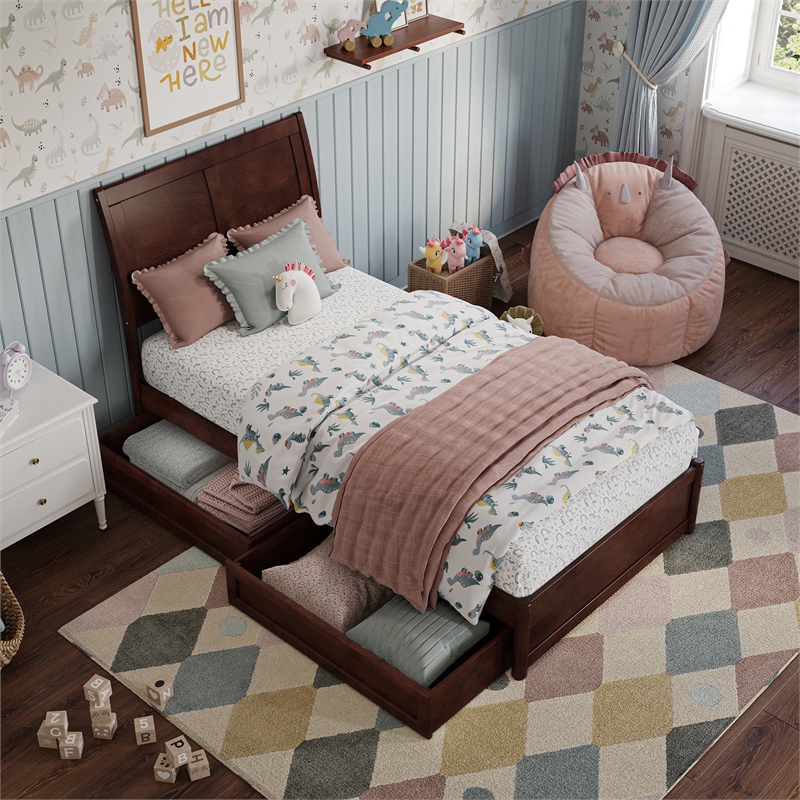 Andorra Twin Wood Platform Bed with Panel Footboard & Storage Drawers in Walnut