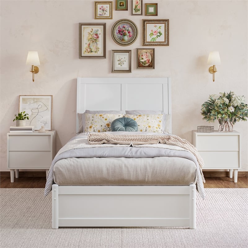 Andorra Twin XL Wood Platform Bed with Panel Footboard &  Trundle in White
