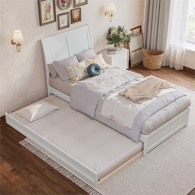 Andorra Twin XL Wood Platform Bed with Panel Footboard &  Trundle in White