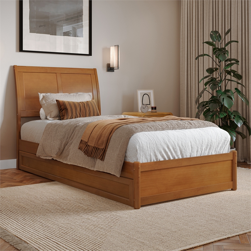 Andorra Twin XL Platform Bed with Panel Footboard & TXL Trundle in Light Toffee
