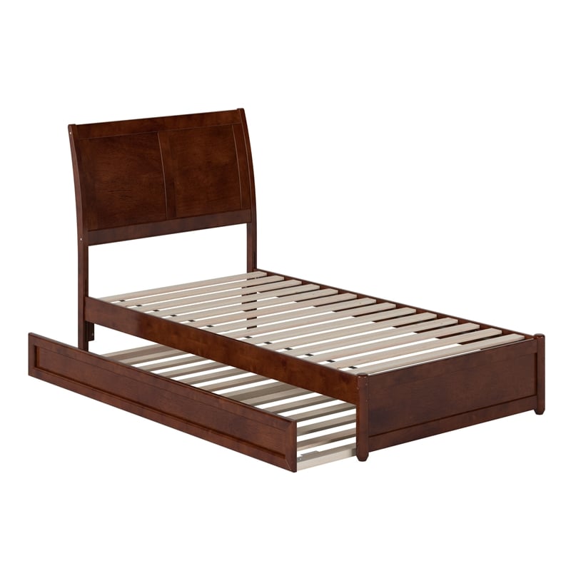 Andorra Twin Wood Platform Bed with Panel Footboard and Twin Trundle in Walnut