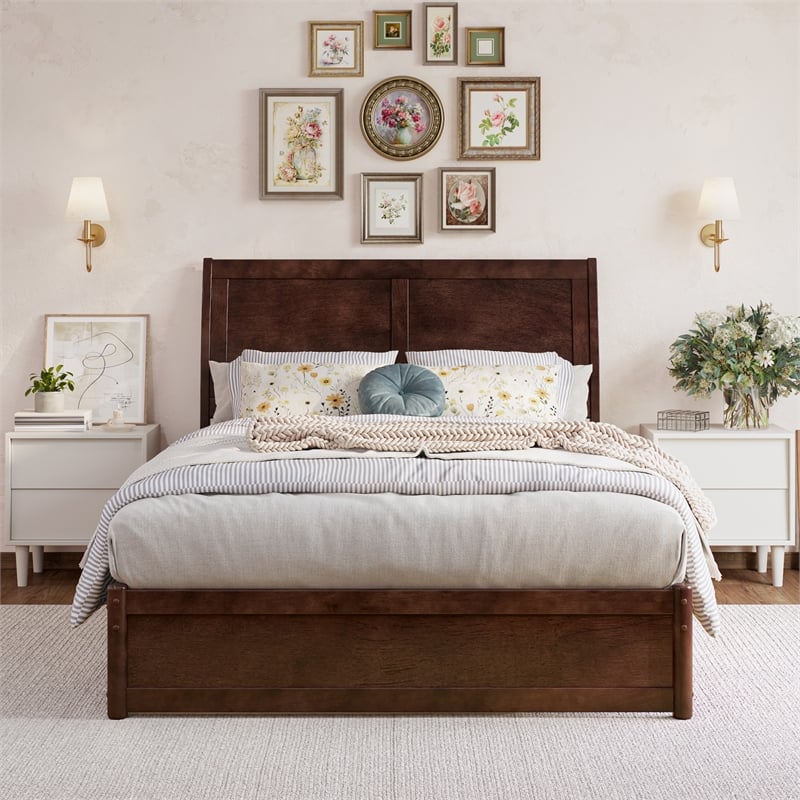 Andorra Full Wood Platform Bed with Panel Footboard and Twin Trundle in Walnut