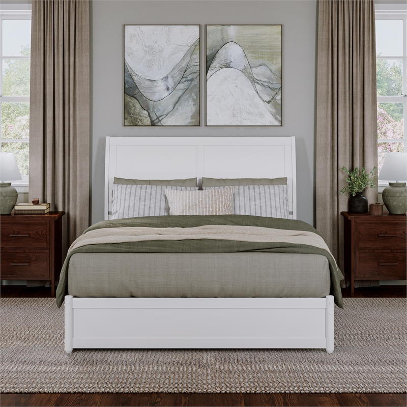Andorra Queen Wood Platform Bed with Panel Footboard & Twin XL Trundle in White