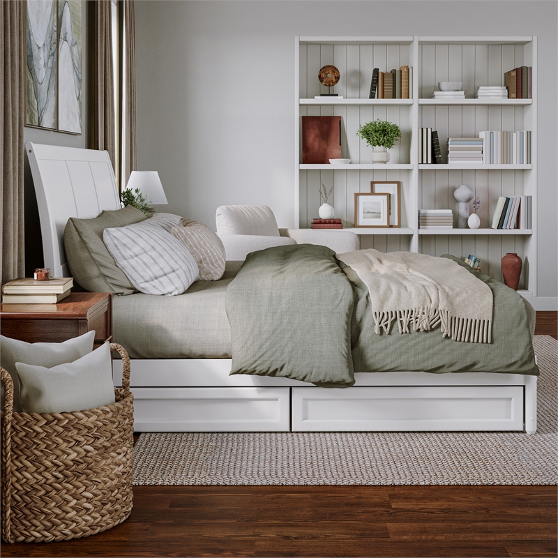Andorra King Wood Platform Bed with Panel Footboard and Storage Drawers in White