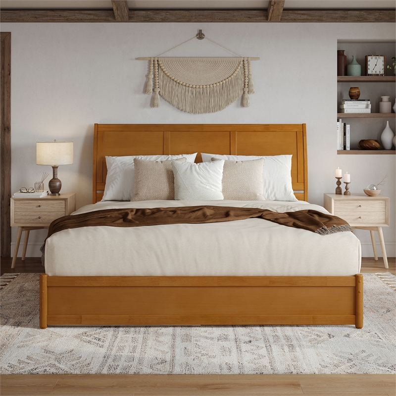 Andorra King Wood Platform Bed with Panel Footboard & Drawers in Light Toffee