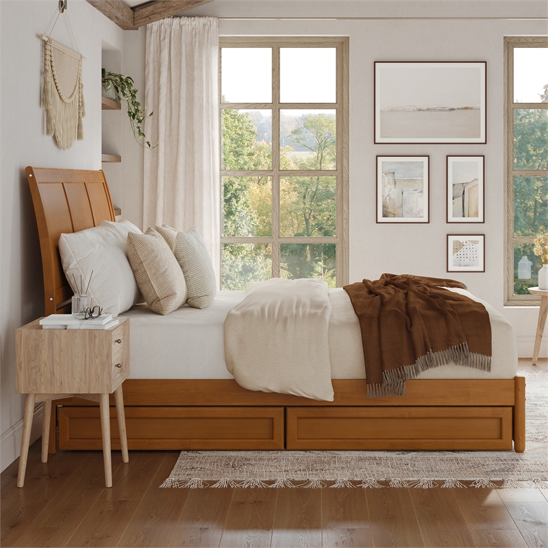 Andorra King Wood Platform Bed with Panel Footboard & Drawers in Light Toffee