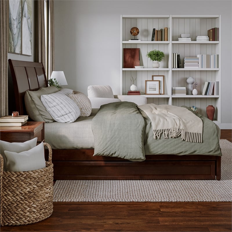 Andorra King Wood Platform Bed with Panel Footboard & Twin XL Trundle in Walnut
