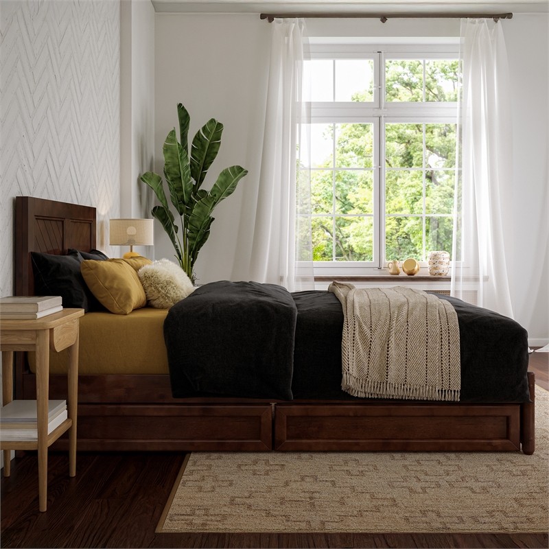 Clayton Twin XL Wood Platform Bed with Panel Footboard & Drawers in Walnut