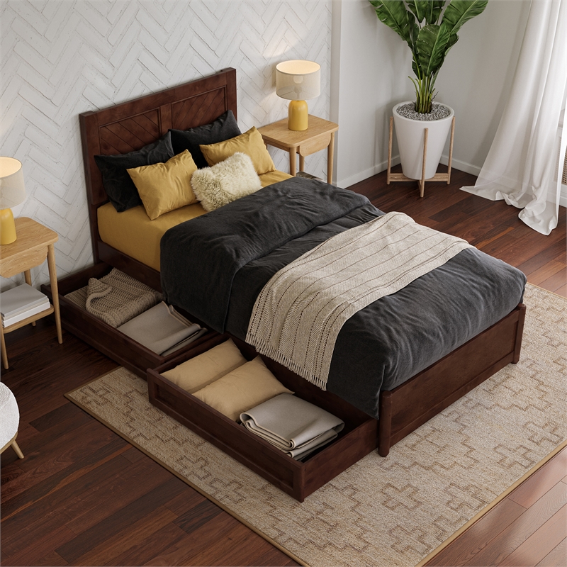 Clayton Twin XL Wood Platform Bed with Panel Footboard & Drawers in Walnut