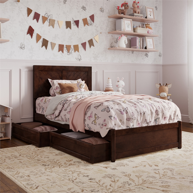 Clayton Twin Wood Platform Bed with Panel Footboard & Storage Drawers in Walnut