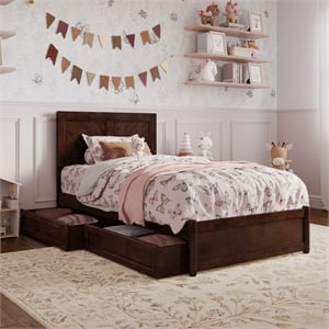 Clayton Twin Wood Platform Bed with Panel Footboard & Storage Drawers in Walnut