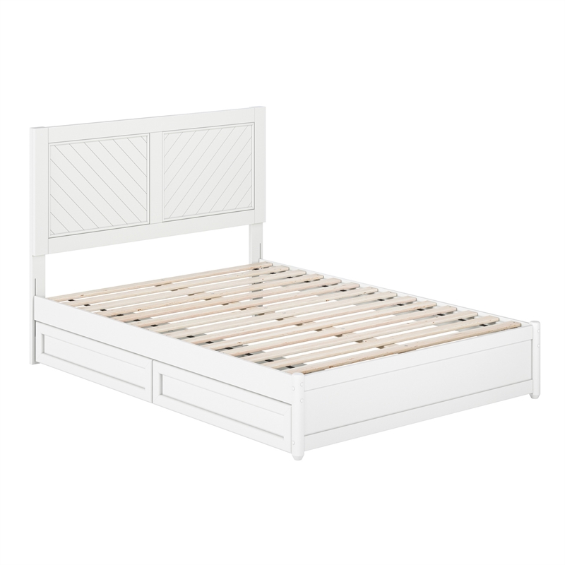 Clayton Full Wood Platform Bed with Panel Footboard and Storage Drawers in White