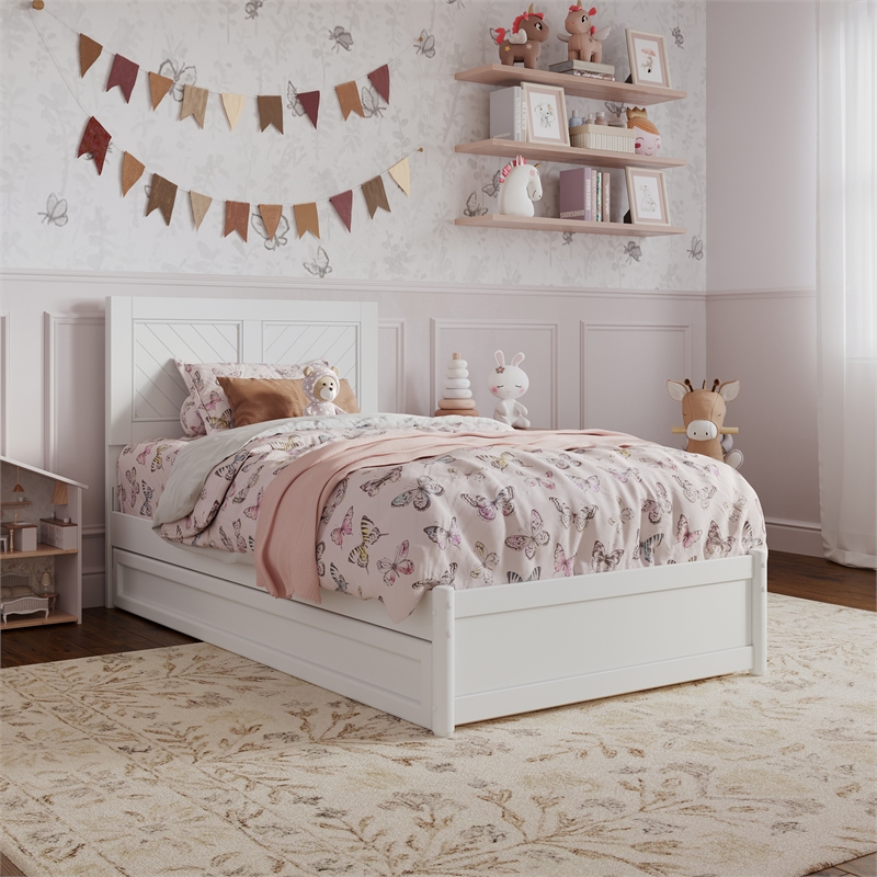 Clayton Twin Wood Platform Bed with Panel Footboard and Twin Trundle in White