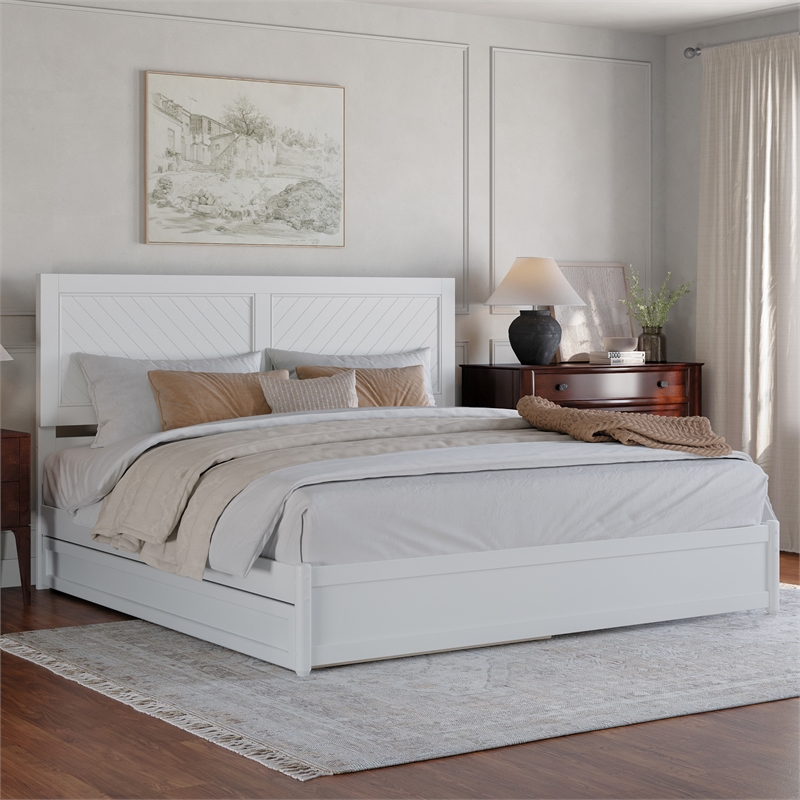 Clayton King Wood Platform Bed with Panel Footboard and Twin XL Trundle in White