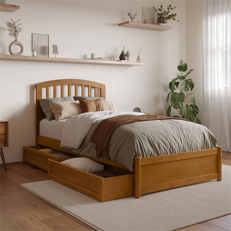 Lucia Twin XL Platform Bed w Panel Footboard & 2 Storage Drawers in Light Toffee