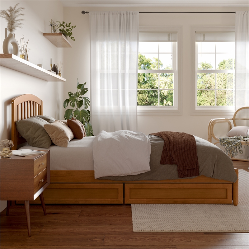 Lucia Twin XL Platform Bed w Panel Footboard & 2 Storage Drawers in Light Toffee