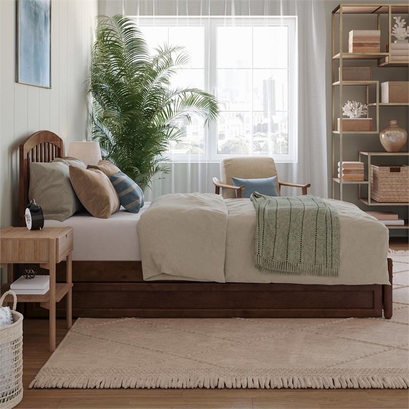 Lucia Twin XL Wood Platform Bed with Panel Footboard & Twin XL Trundle in Walnut