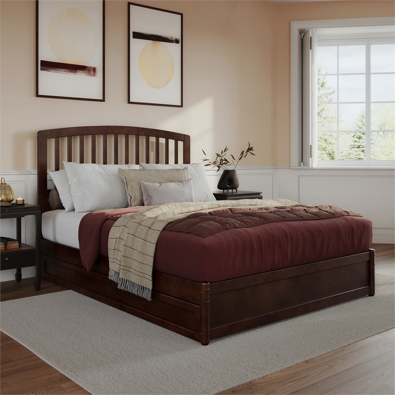 Lucia Queen Wood Platform Bed with Panel Footboard and Twin XL Trundle in Walnut